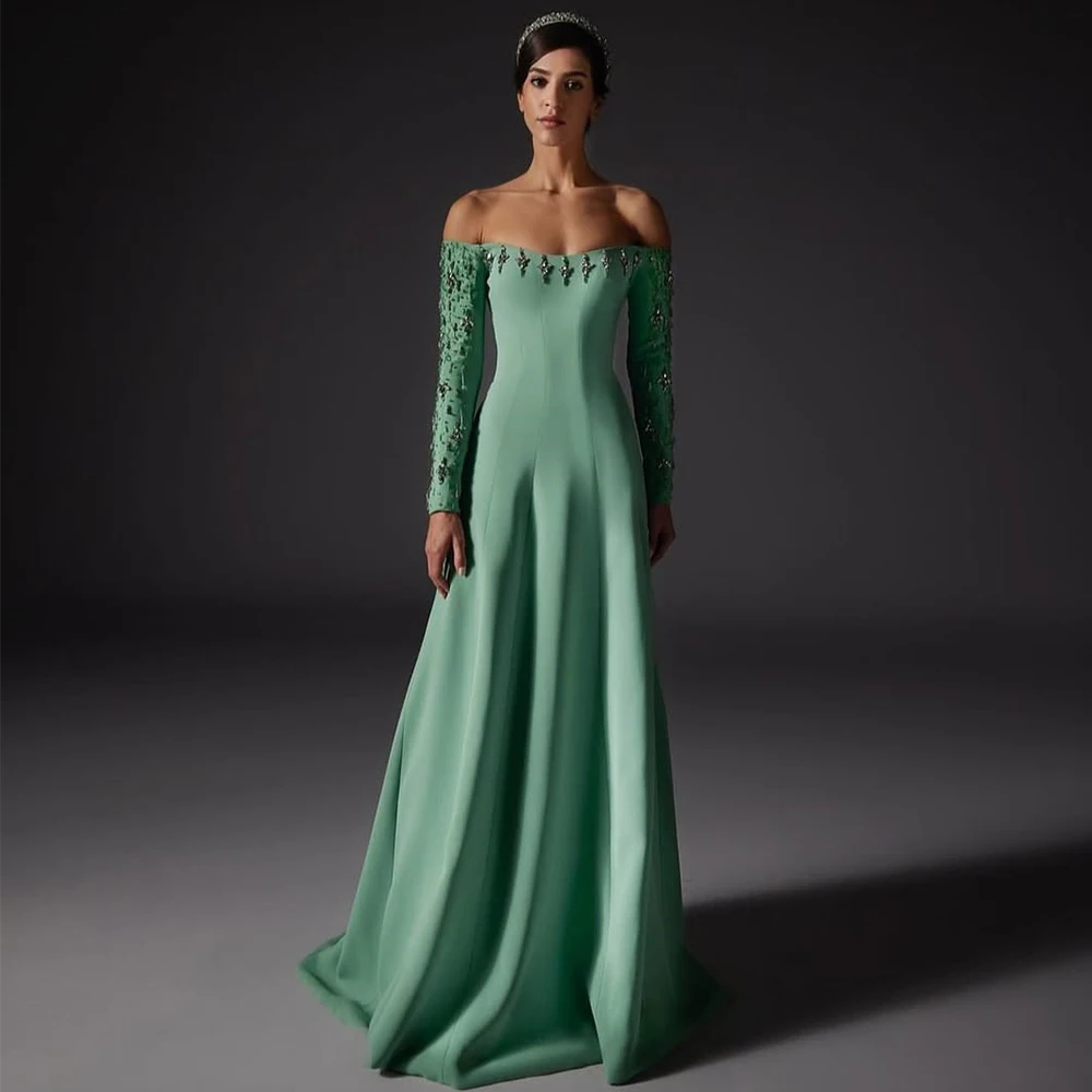 

Dream Gorgeous Beaded Crystal Evening Dress Off the Shoulder Long Sleeve Classic A-Line Floor Length Customized Party Gowns