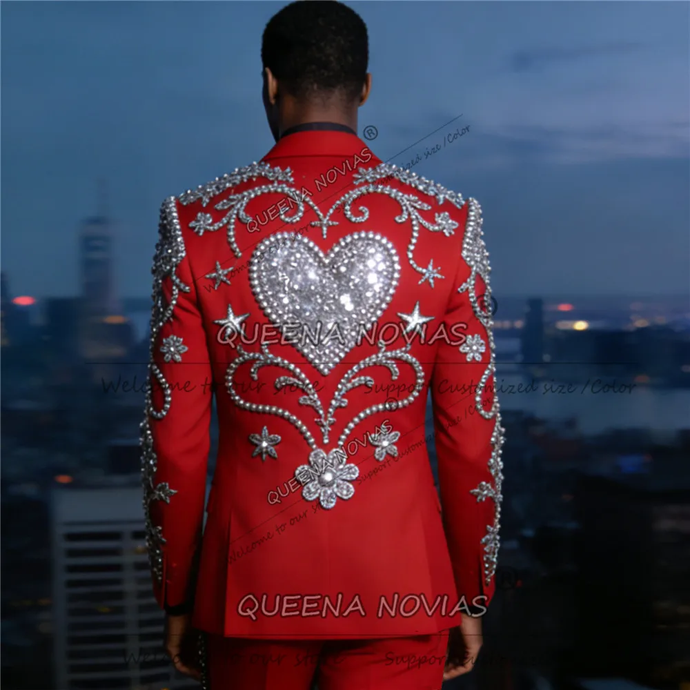 Exclusive Sliver Pearls Beaded Suit Men Slim Fit Single Breasted Jacket Pants 2 Piece Groom Banquet Tuxedos trajes para hombre