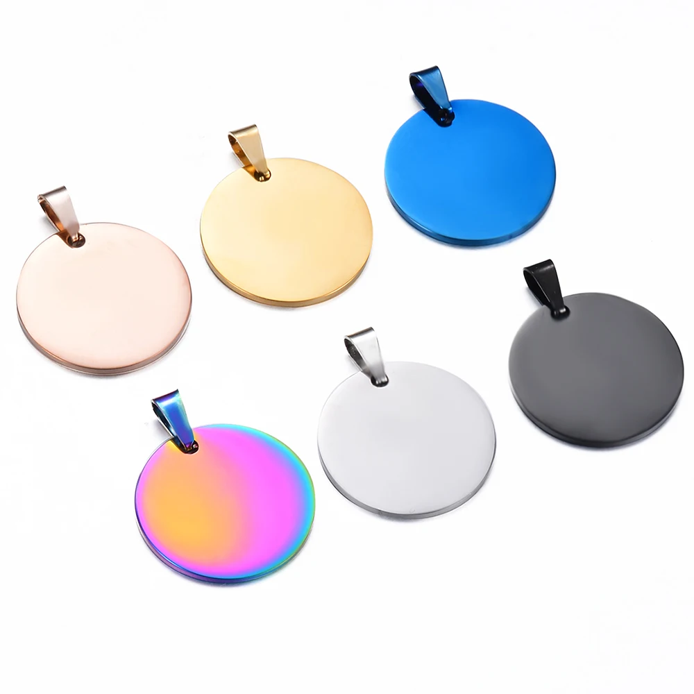 10 pcs Wholesale 30mm Round 6 Colors Unisex Stainless Steel Stamping Blank ID Dog Tags Pendant Necklace Jewelry Findings