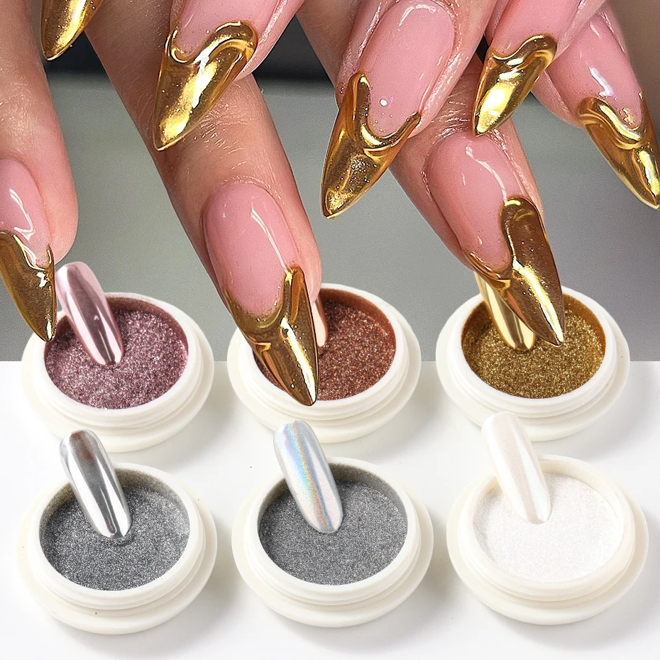 6 piezas de polvo de uñas blanco espejo cromado, pigmento dorado y plateado, holográfico, aurora, iridiscente, metálico, decoración de arte de uñas 3