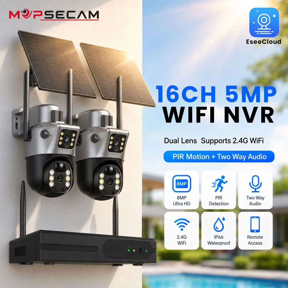 Système de caméra de sécurité solaire WiFi à double objectif 8MP, kit caméra 5MP 16CH WIFI NVR avec détection PIR, audio bidirectionnel, étanche IP66, accès à distance sans fil 2.4G, surveillance CCTV extérieure EseeCloud pour la maison, la cour, le garage, le jardin, le magasin, l'entrepôt, la protection des propriétés extérieures