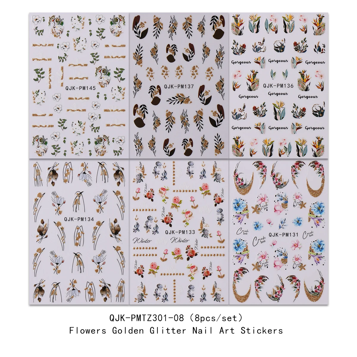 6pcs spring flower and grass glitter nail art stickers, art stickers, easy to apply nail decoration, DIY, gift, wedding party