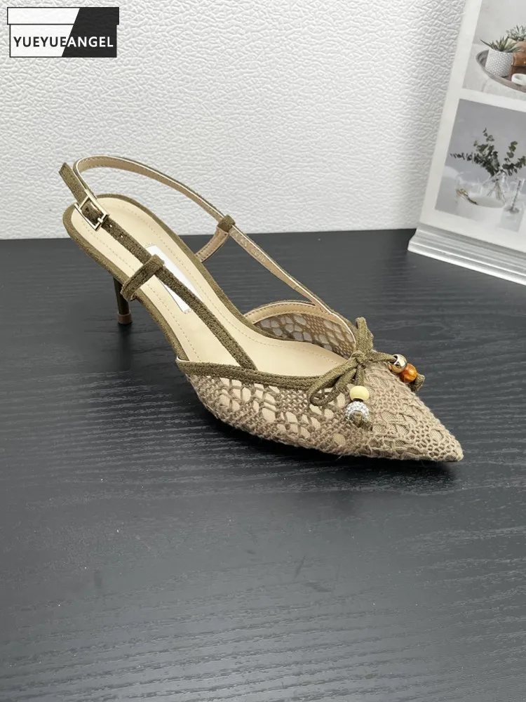 

Summer Women Elegant Comfortable Daily Bowknot Hollow Out Buckle Strap Stiletto Heel Casual Fashion Ladies High Heels Sandals