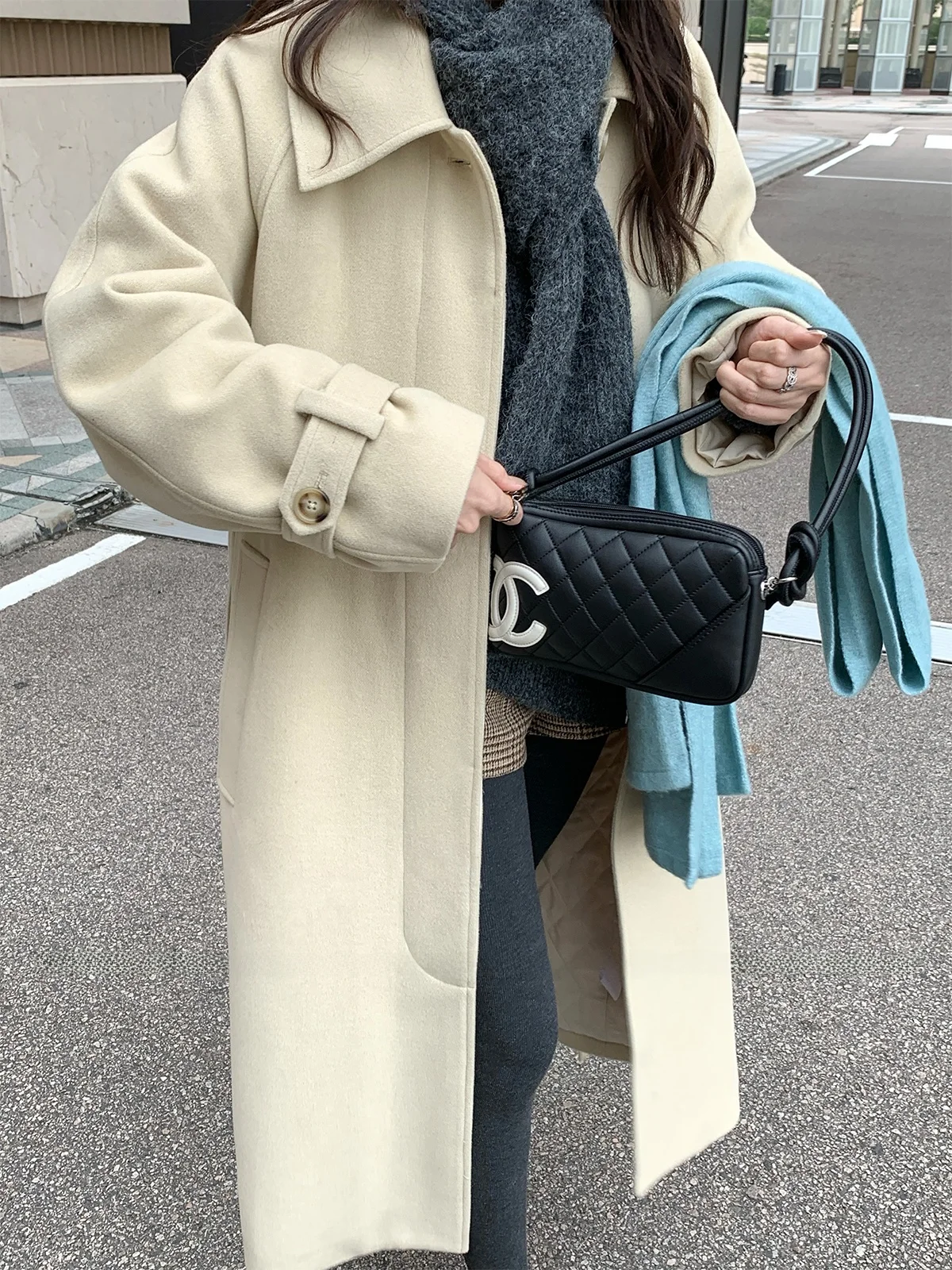 

44AaSi Warm Mis Woolen Coat Loose Versatile Fur Collar Long Ele Sle Ladies' Outerwear Polyester Blend Long Sve