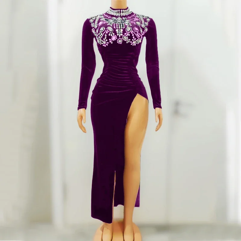 多くの色のラインストーンベルベットスリットドレスイブニングドレス女性のパーティー祝うダンスドレスステージフェスティバル衣装 XS6443