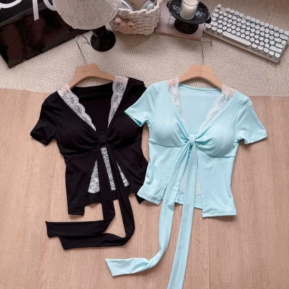 New Fashion Lace Trim Deep V-Neck T-Shirt Short Sleeved Chest Pad Knot Lace Top Patchwork Split False Two-Piece Top Outerwear