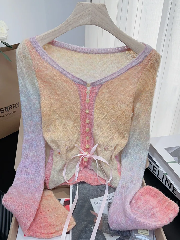 

Autumn New Rainbow Gradient Knit Cardigan For Women Korean Fashion Lace Up Single Breasted Sweater Coat Spicy Girl Knitwear Tops
