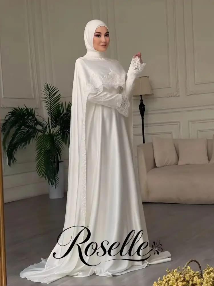 Einfacher Spitzenschal Arabische Hochzeitskleider A-Linie Formelle Langarm-Brautkleider für Damen Elegante Maßgeschneiderte Vestidos De Novia Muslim
