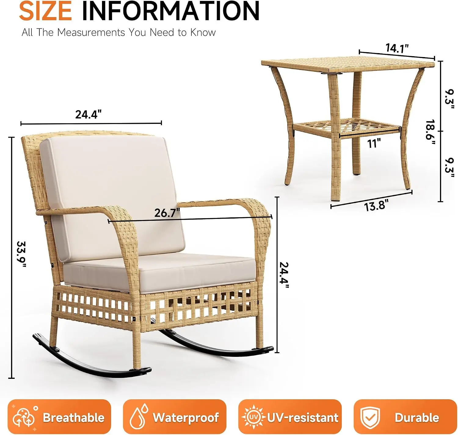 Outdoor Rocking Chair Set 3 Pieces Wicker Patio Furniture Set Bistro Chairs With Soft Cushions Two Tier Coffee Table Frame Decor For Balcony Garden Porch Black