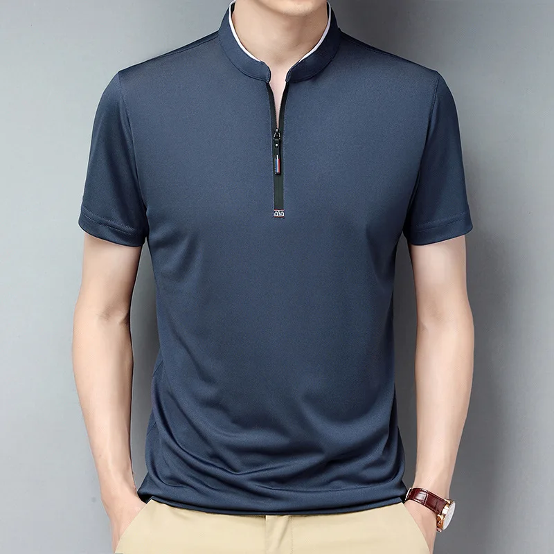 2023 Summer New Breathable High Quality men\'s Zipper Polo Shirt High-end Business Casual Stand Collar Short Sleeve T-shirt