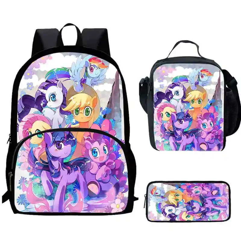 Sac à dos My Little Pony Anime Cartoon pour enfants, poche avant, sacs à lunch, sacs à crayons pour garçons et filles âgés de 5 à 10 ans, meilleur cadeau