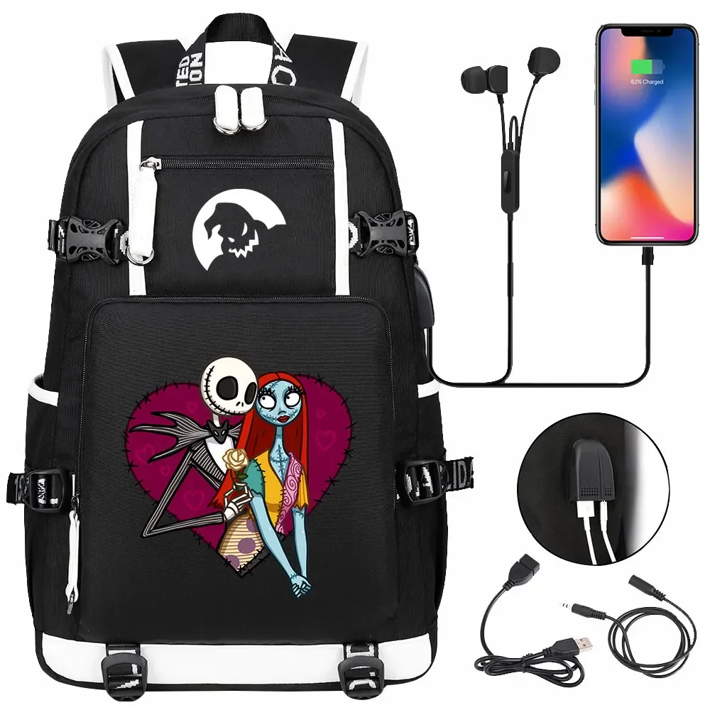 The Nightmare Before Christmas Backpack Kids Schoolbag Large Capacity Laptop Bag Waterproof Multifunction USB Charging Backpack