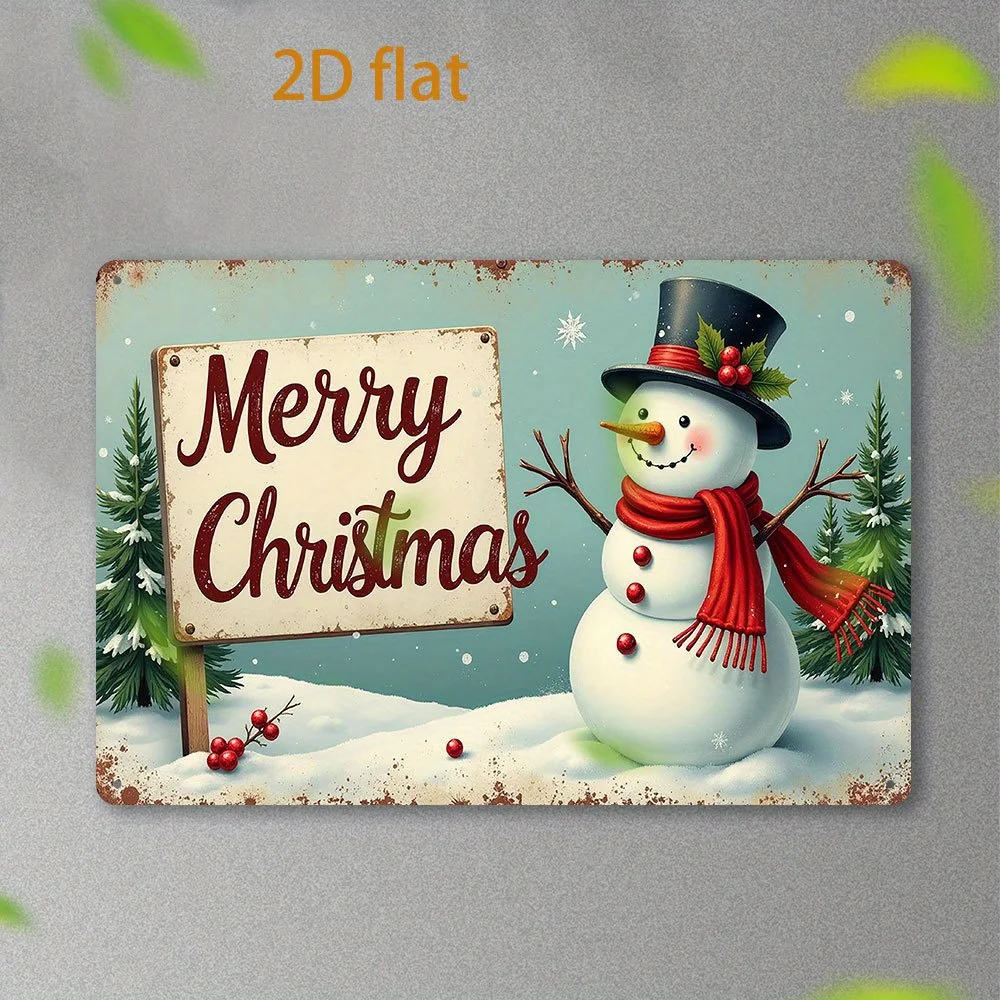 Christmas Snowman Smile Retro Metal Tin Plaque Wall Art - Vintage Holiday Decor with Merry Sign, & Holly Berries, Indoor/Outdoo