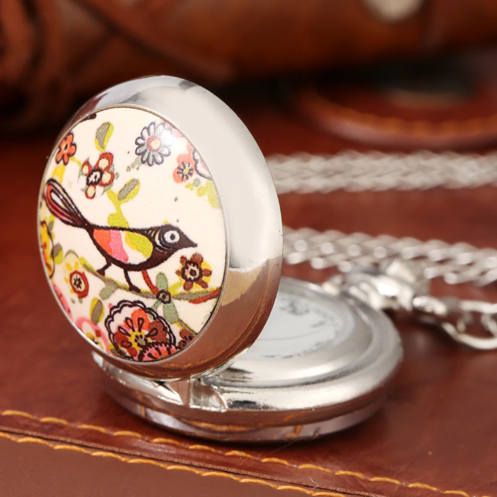 Retro Fashion Jewelry Necklace Watch Colorful Flower Pattern Analog Quartz Silver Small Chain Pendant Pocket Clock Gift Women