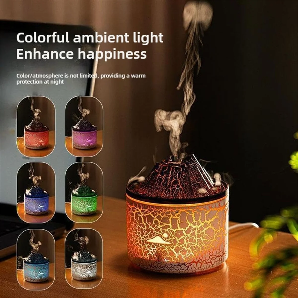 موزع روائح الزيوت العطرية سعة 180 مل، مرطب بركان مع رائحة اللهب، رذاذ قنديل البحر، 7 ألوان LED، إيقاف تلقائي للمكتب المنزلي، أ