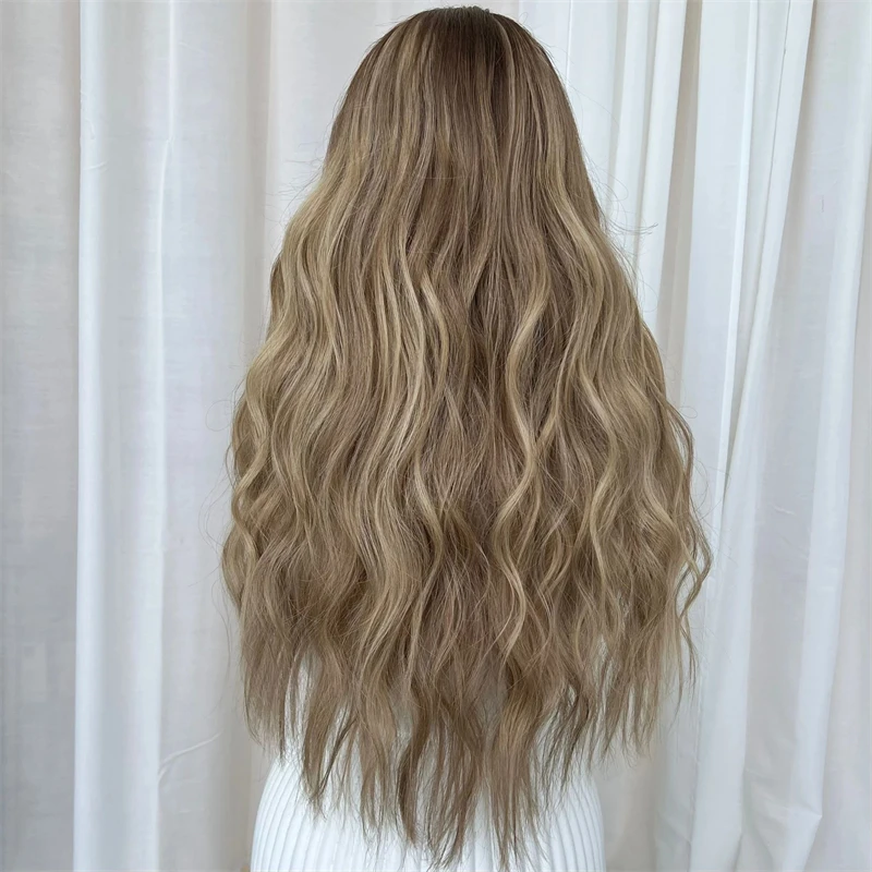 Glueless Ombre Brown Blonde Synthetic HD Lace Front Wig With Dark Roots Natural Preplucked Hairline 30 Inch Super Long Wave Wig