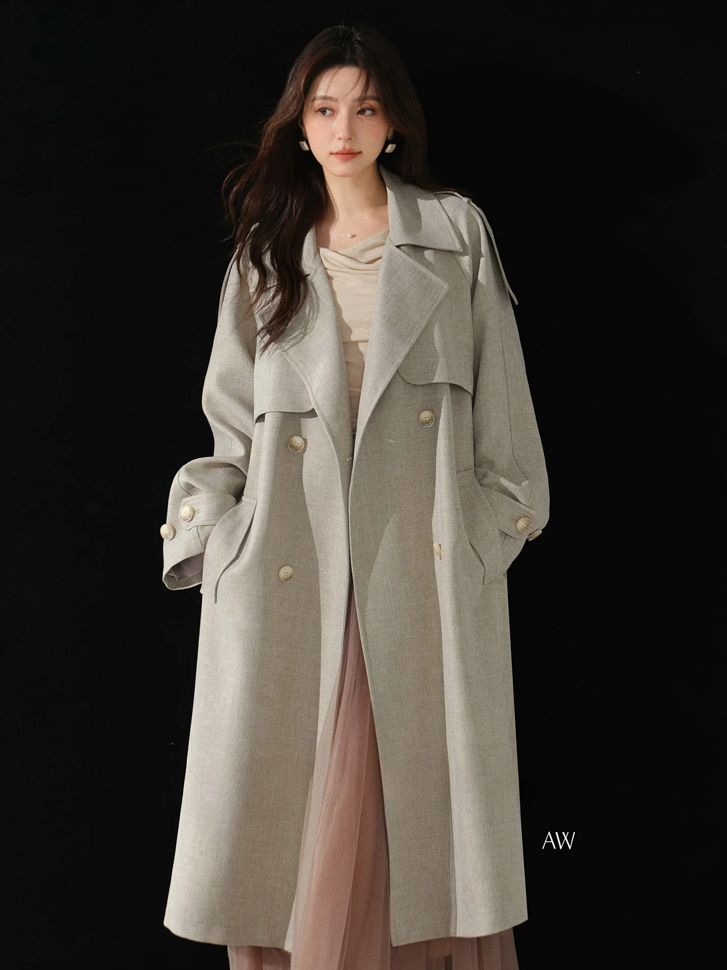 

Bunny Briti Sle ey Mid-Length Women's Coat Loose oulder Sve Turn-down Collar Spring Outerwear Faionable Commute