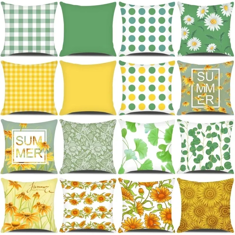 Daisy Flowers Print Summer Home Decoration Sofa Cushion Cover Green Yellow Plaid Pillowcase