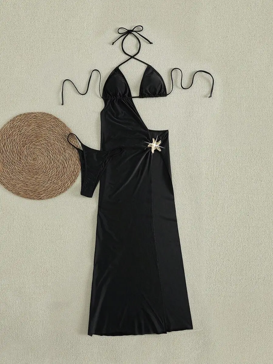 Black High Slit Maxi Dress With Starfish Embellishment Sexy Cutout Side Party Gown For Nightclub Beach Festival Summer view 4
