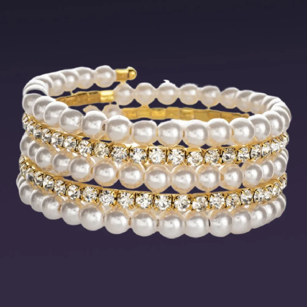 Multiple Shining Rhinestone Crystal Bracelet Pearl Cubic Zirconia Wide Hand Wrist Bracelet For Women Girl Bridal Wedding Jewelry