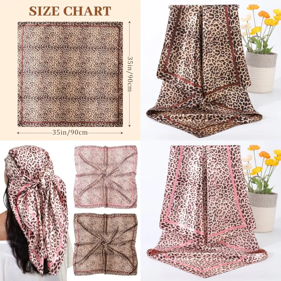 

35” Large Satin Square Head Scarf - 2Pcs Silk Like Floral Head Scarves Square Satin Hair Scarf Bandanas for Women，Leopard Print (Pink/Khaki)