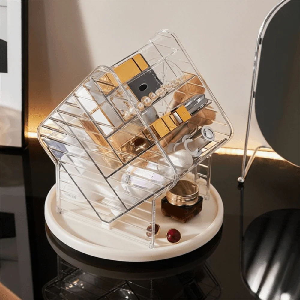 Large Capacity 360° Rotating Makeup Organizer Space Saving Divided Cosmetic Storage Box Plastic Non-Slip Lipstick Holder