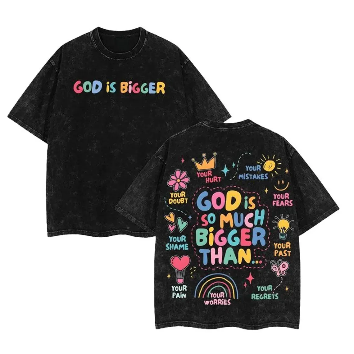God Is Bigger T-Shirt, christliches Zitat, Vintage-Stil, gewaschene Baumwolle, Retro-Religions-Grafik-T-Shirt, Streetwear, Harajuku-Top