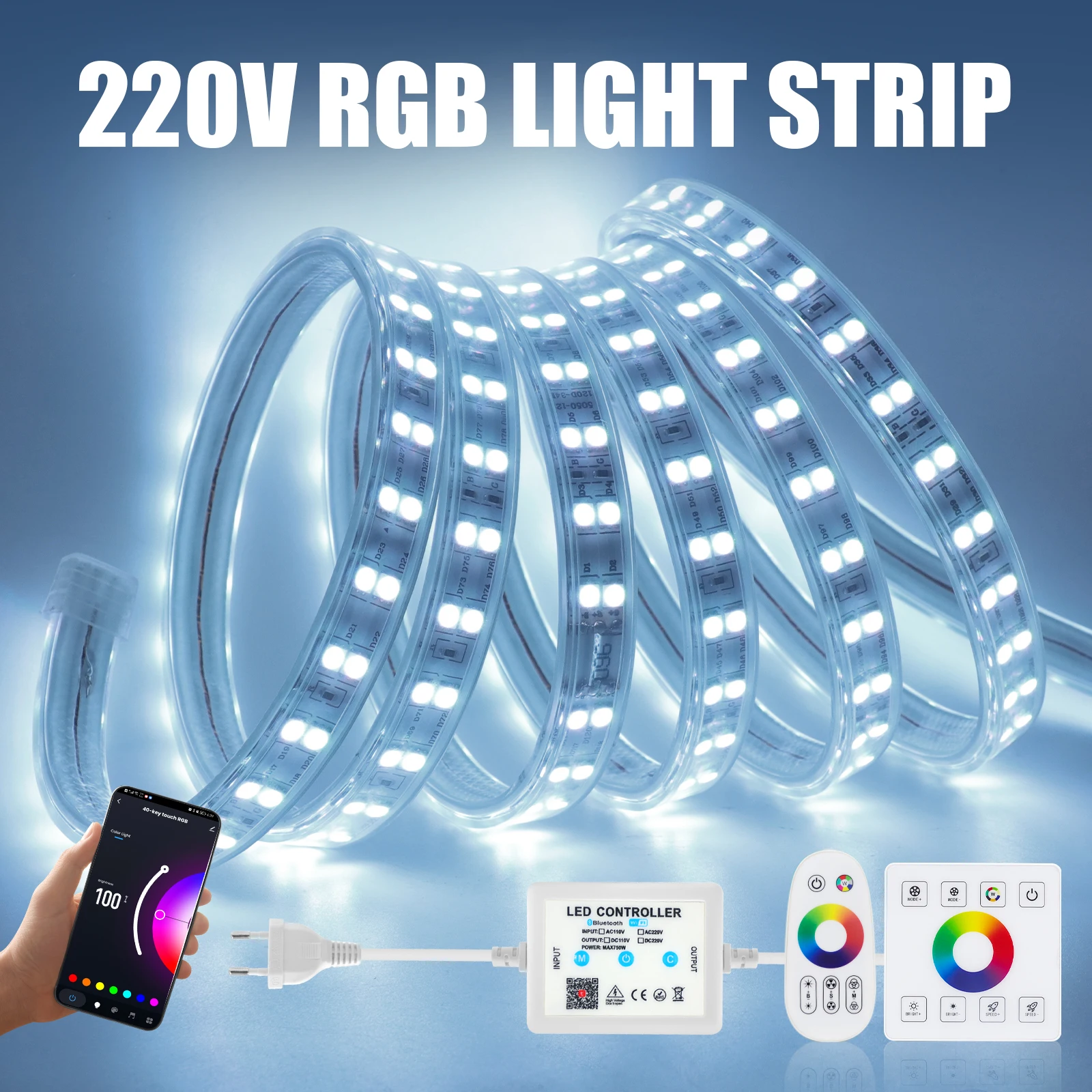 WiFi Bluetooth RF Touch 2 Row RGB Strip Light AC 220V With EU UK AU Plug Waterproof Warm Natural White Flex Tape 120LED/m 1m 20m