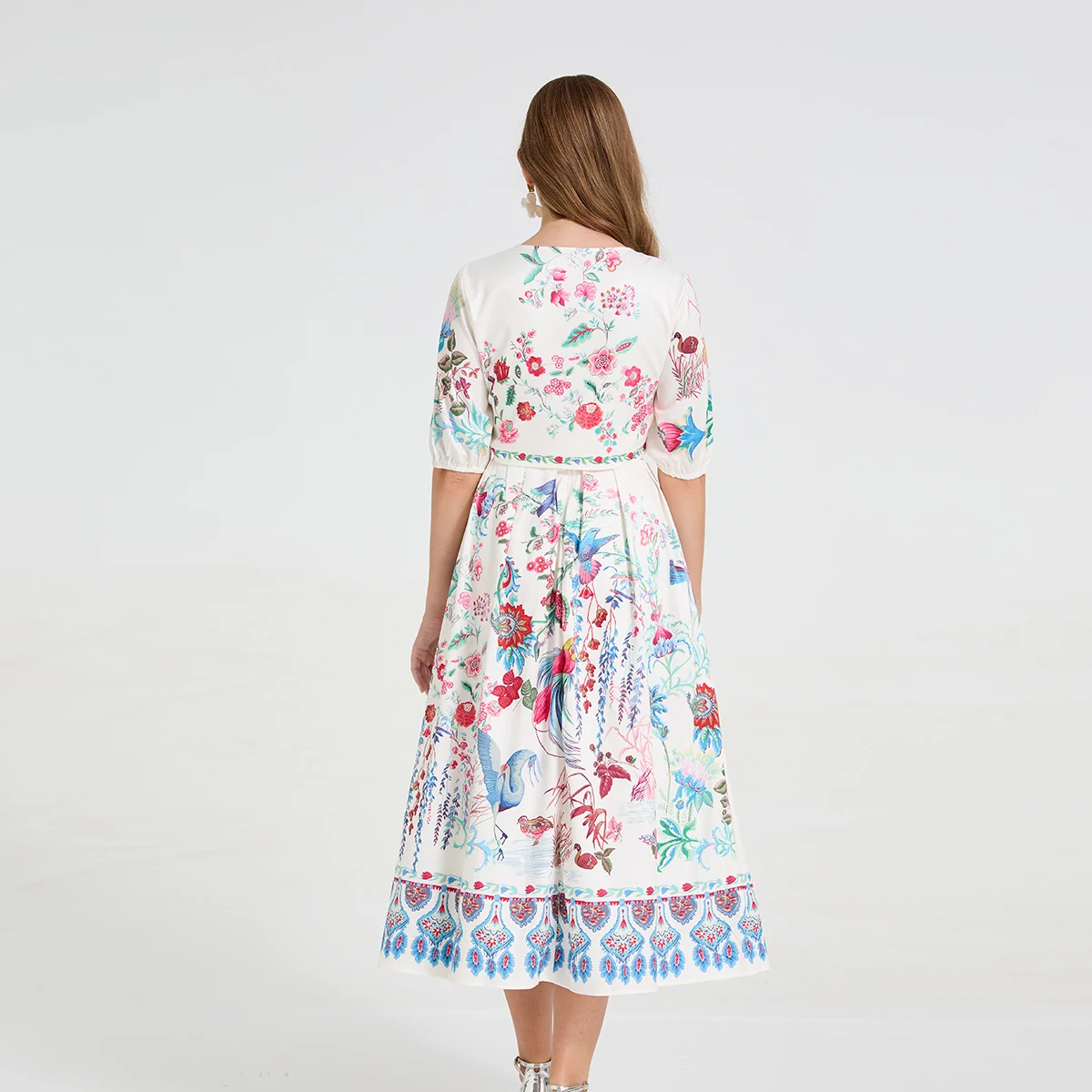 Set gonna a due pezzi da donna con decorazione stampata retrò estiva Set girocollo con maniche a tre quarti + set gonna longuette svasata a vita alta