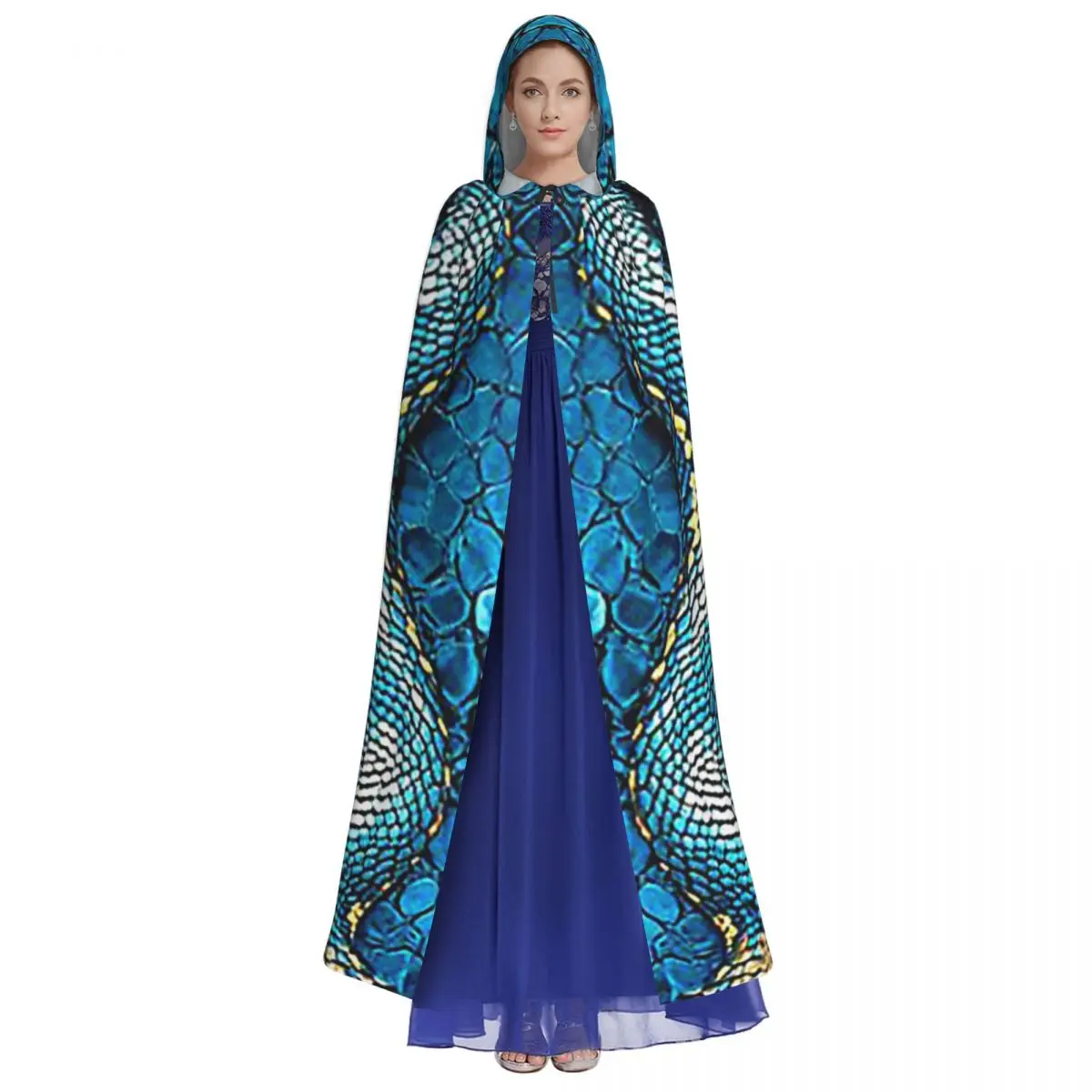 Snake Skin Blue Snake Serpent Animal Print Viper Long Hooded Cloak Witch Medieval Costume Cosplay Cape HalloweenVampire Unisex