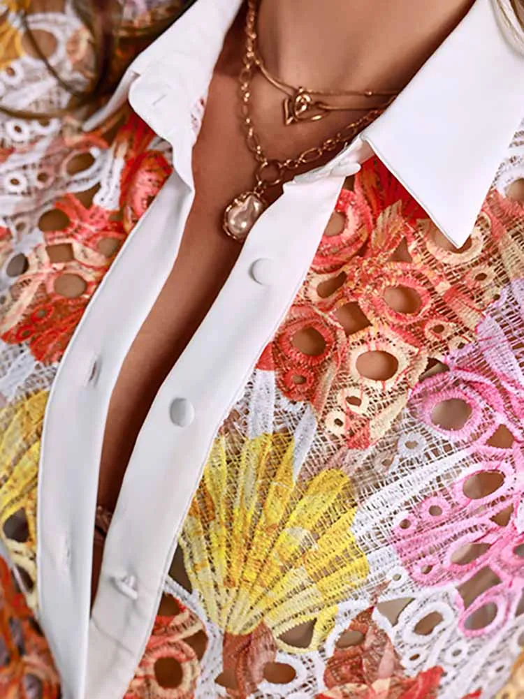 

Stylish Lapel Long Sleeve Hollow Out Mesh Top Temperament Colored Print Women Commute Shirts Casual Loose Single Breasted Blouse