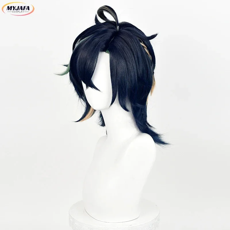 Peluca de Cosplay Kinich, pelo sintético corto trenzado resistente al calor con reflejos negros, verdes y dorados, pelucas de Anime para Halloween + gorro de peluca