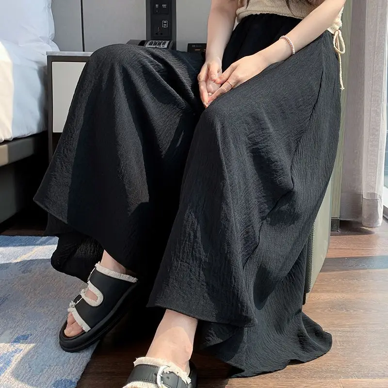 Simplicity Casual Summer Solid Women\'s Elastic Waist Pleated Fashion Breathable Loose High Waist Wide Leg Ankle Length Pantskirt