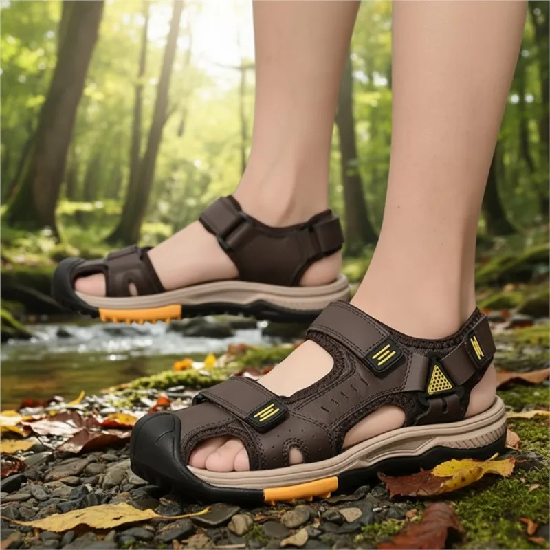 Men Genuine Leather Summer Casual Beach Outdoor Roman Sandals Comfortable Breathable Lightweight Durable Water Resistant Slip On