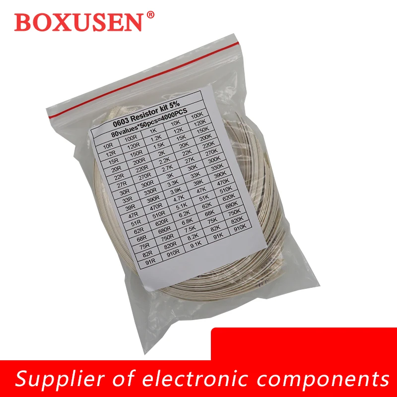 

Набор резисторов 4000 SMD, 0603 шт., набор в ассортименте, 10 ом-910k Ом 5% 80 ценностей x 50 шт. = 4000 шт., набор образцов