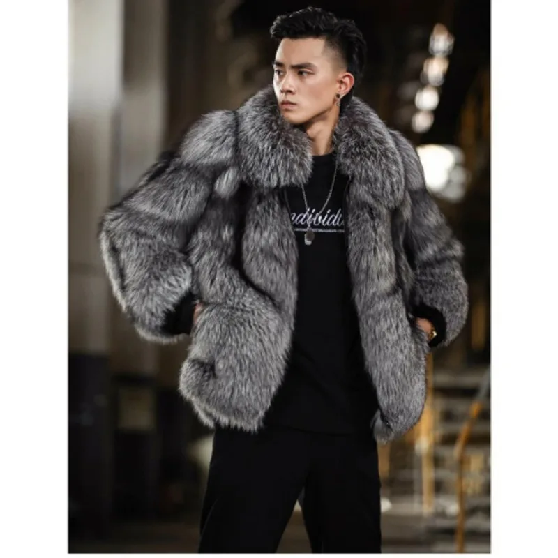 Luxury Brand Men's Autumn Winter Fluffy New Business Casual Silver Fox Fur Jacket Faux Fur Coats Fashion Charming Warm Tops