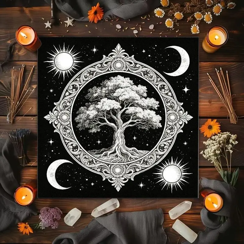 Celtic Knot Crescent Moon Tree of Life Pentagram Altar Cloth Tarot Card Tablecloth Mysterious Vika Divination Ceremony Mat