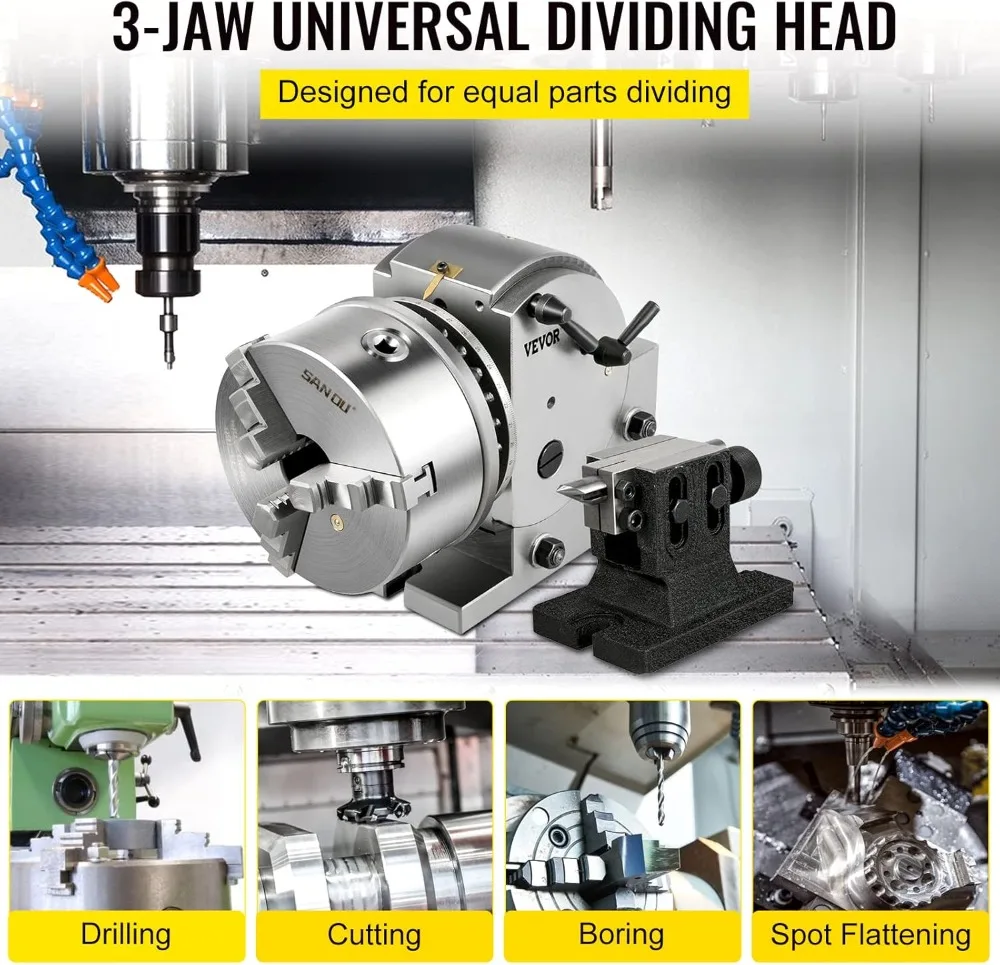

6" 3-Jaw Chuck Semi Universal Dividing Head Set with Tailstock & Plates for Milling Grinding Drilling