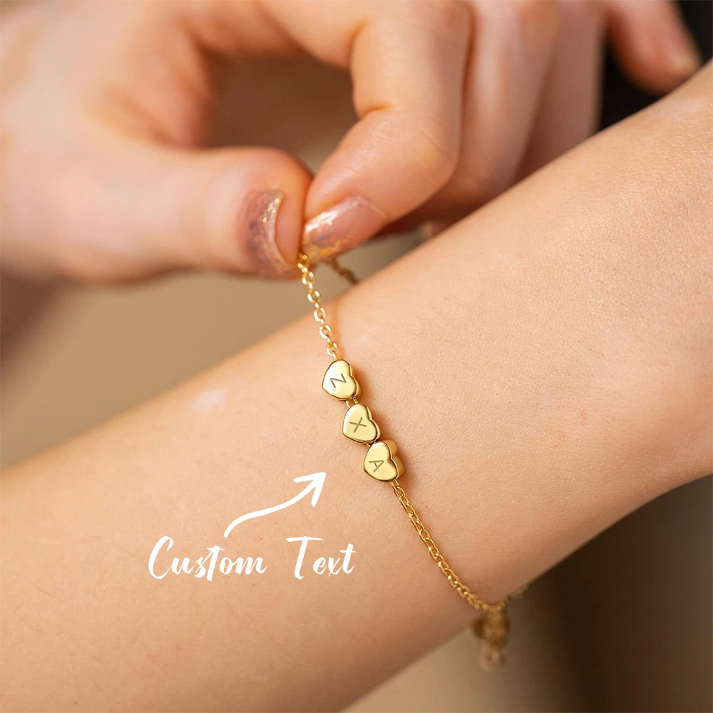 Custom 3D Heart Initial Bracelet, Personalized Gold Engraved Gift