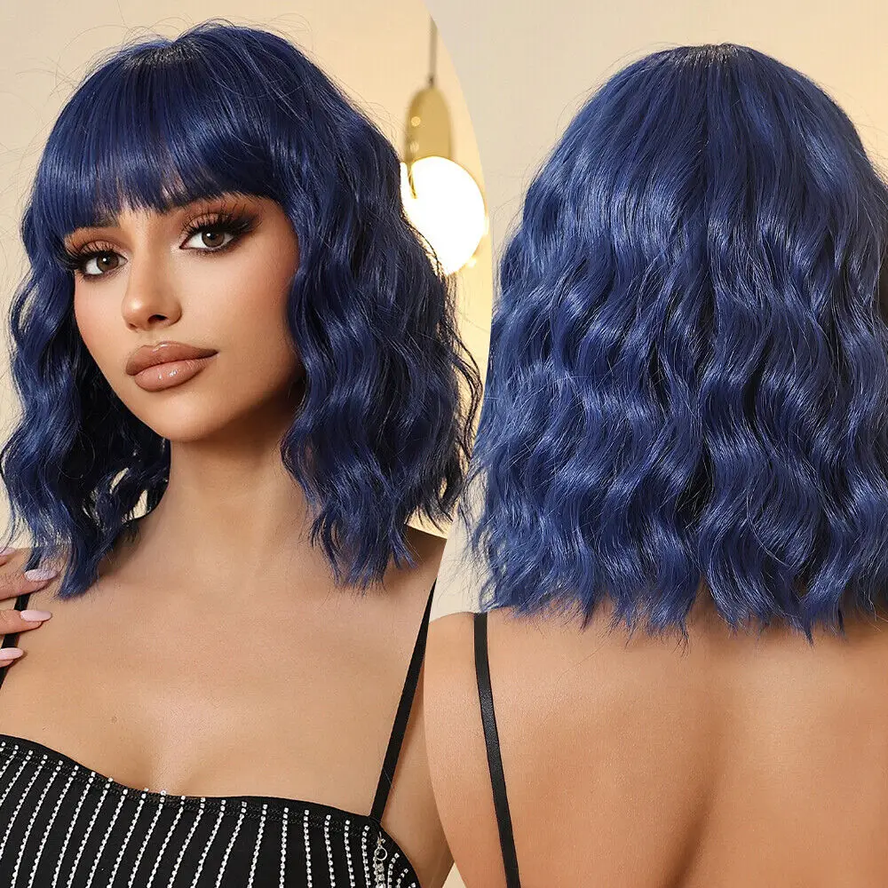 

Short Wavy Synthetic Dark Blue Cosplay Wigs with Bangs Fluffy Natural Wave