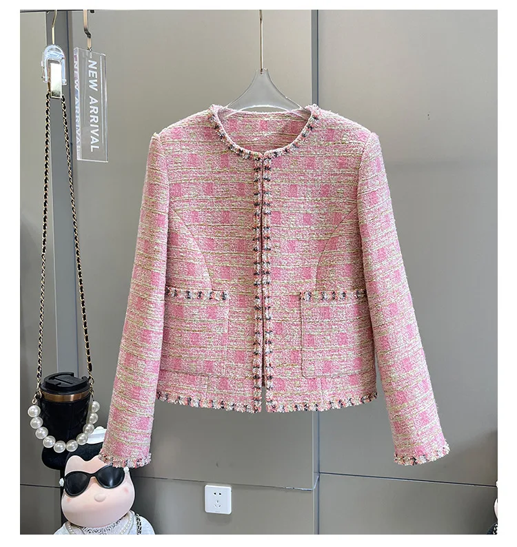 

2023 Spring Autumn France Style Women's High Quality Pink Plaid Pockets Tweed Jackets Coat B736