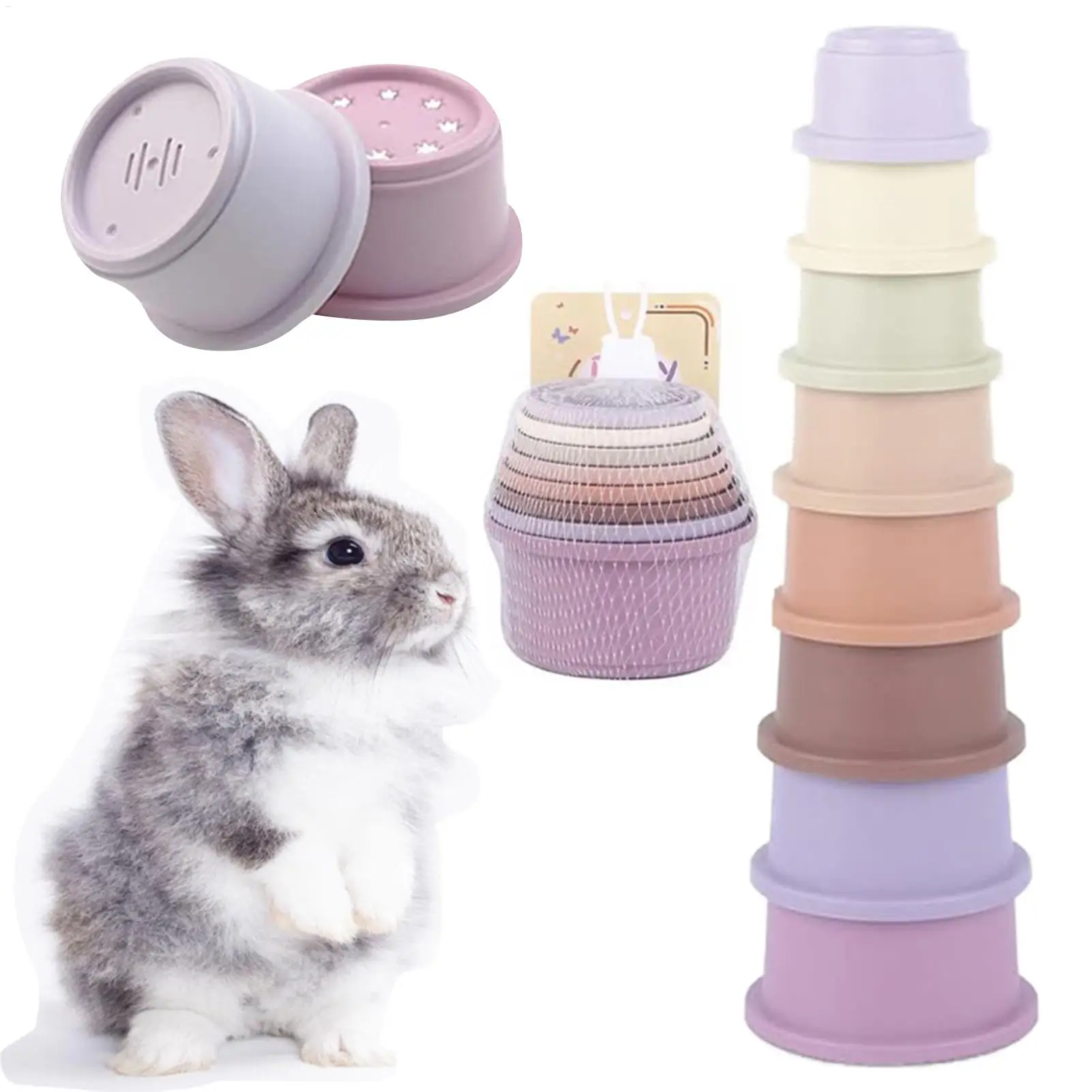 hot 8Pcs Stacking Cups Toys for Rabbits Chinchillas Guinea Pigs Multi-Colored Reusable Plastic Nesting Toys Stacking Cups Set