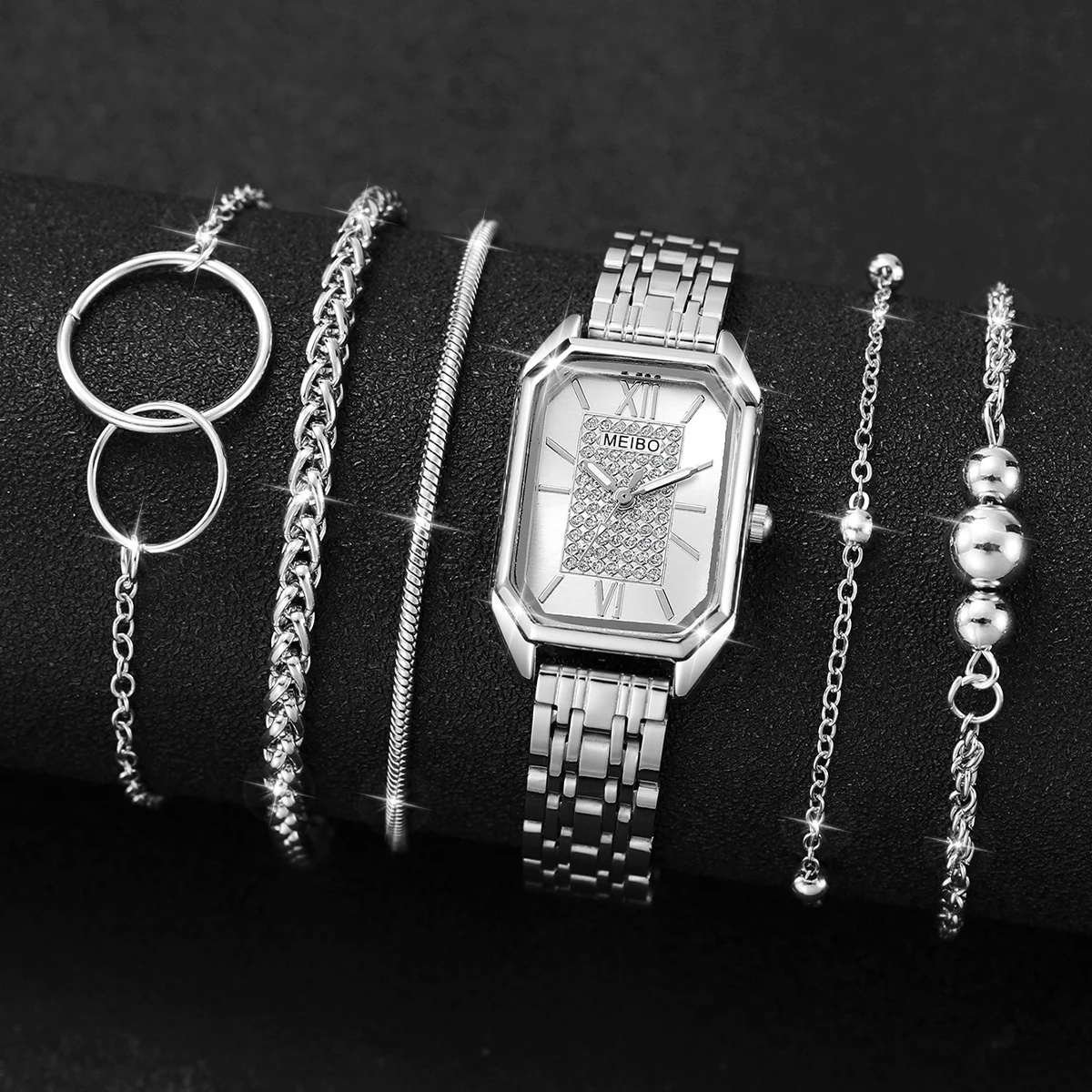 6PCS/Set Fashion Rectangle Women\'s Watch Silver Steel Band Ladies Quartz Watches Bracelets Set（Without Box）