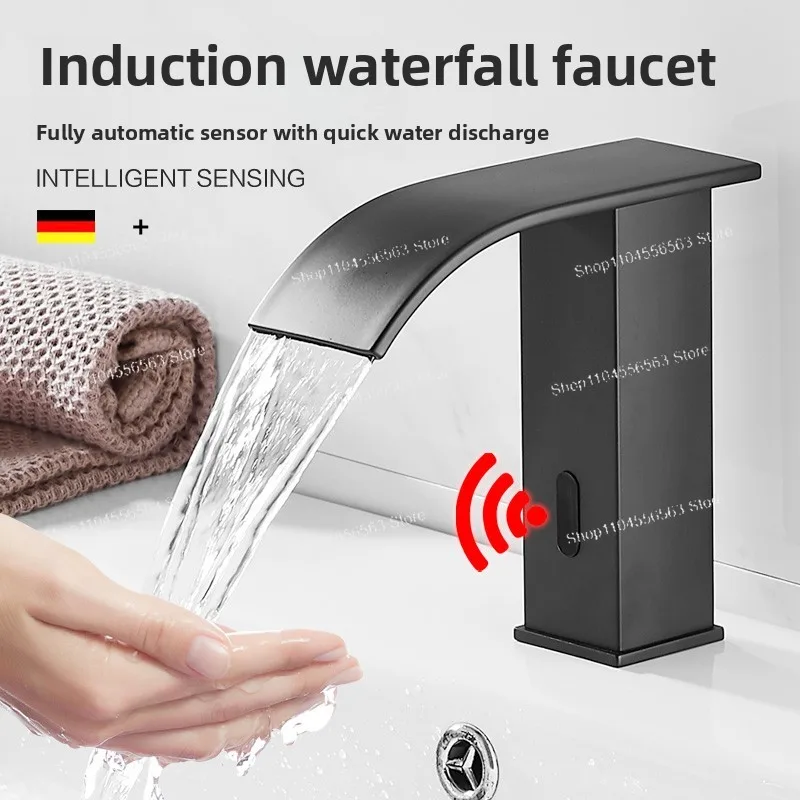 ブラックスマートセンサー蛇口、滝、温冷、洗面器、全自動、オール銅。