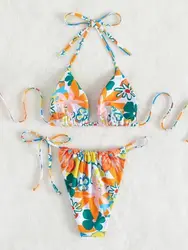 Floral Print Halter Triangle Bikini Swimsuit