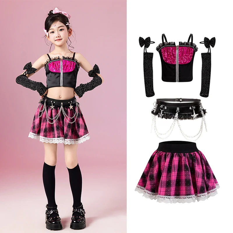 

2025 Girls Jazz Dance Costume Sequin Suit Navel Tops Skirt Cheerlead Dance Clothes Kids Kpop Stage Performance Clothing BL16061