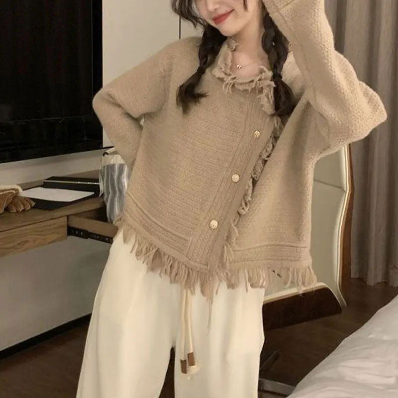 Stylish Tassel Loose Knitted Sweaters Female Clothing Casual Solid Color Autumn Winter O-Neck Commute Single-breasted Cardigan