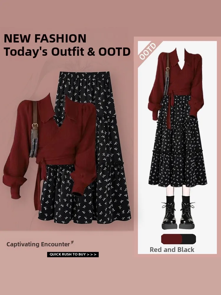 

Faionable Hong Kong Sle Women's Outfit Autumn New Arrival Wine Red Top High Waist Floral f Skirt Slimming Midi Skirt