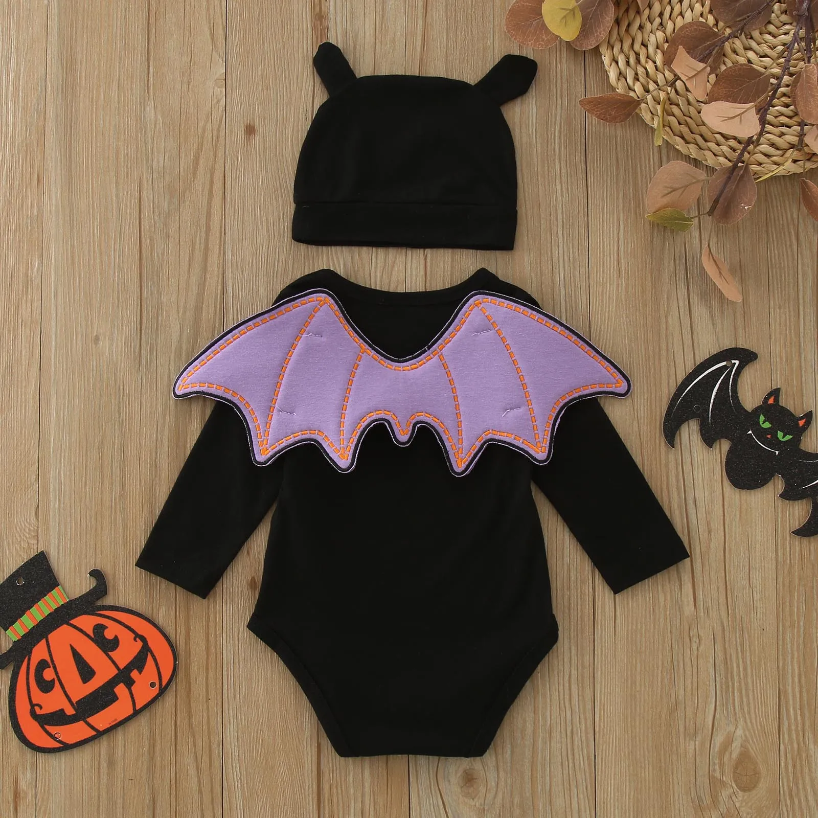 Infant Girls Boys Rompers Sets Baby First Halloween Costumes Bat Cosplay Soft Fleece Romper Jumpsuit Sets With Wing Hat Set