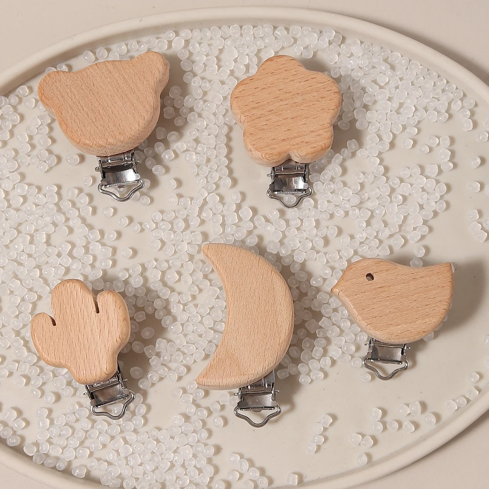 5pcs Pacifier Clip Cute Animal Designs in Beechwood & Steel Pacifier Holder Accessory Clip-On Design